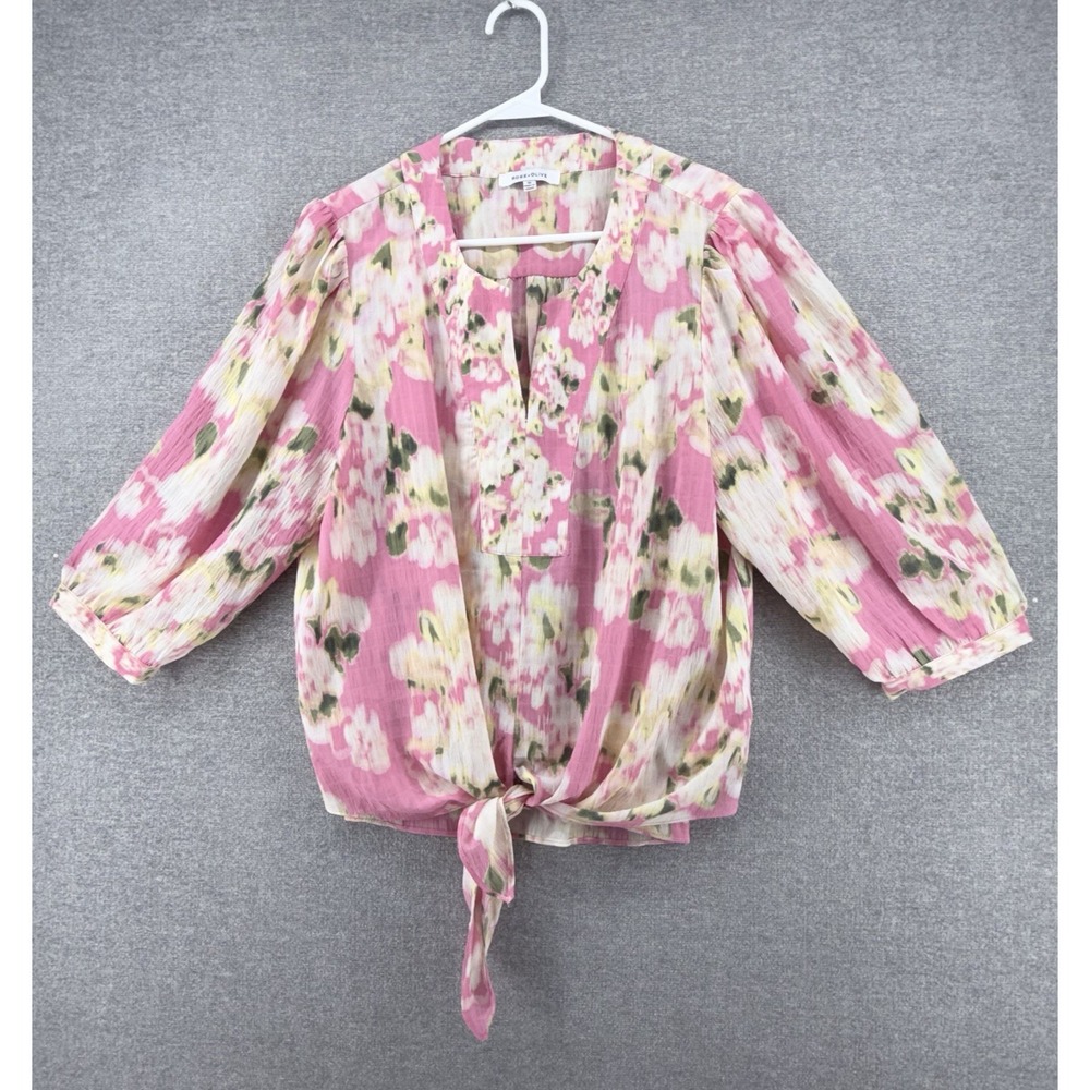 Rose + Olive Blouse Top Women Size 1X Pink Floral Puff Sleeve V Neck Tie Front